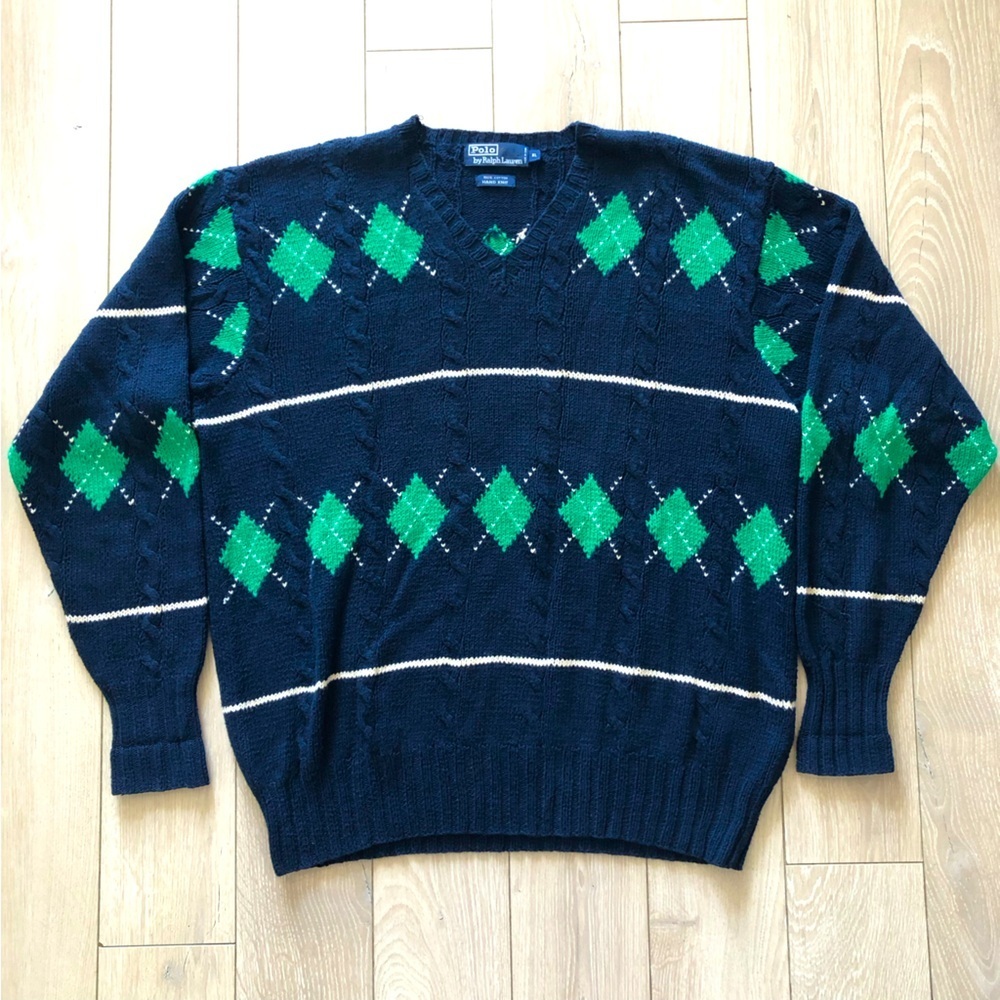Vintage Polo Ralph Lauren Hand Knit 3D Cable Knit Argle Golf Sweater Size XL